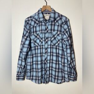 Roebuck & Co Shirt Mens M Blue Plaid Pearl Snap Yoke Western